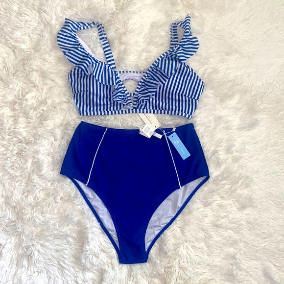 Women's High Waisted Bikini with Ruffle Striped Cutout Two Piece Bathing Suit - Picture 2 of 5